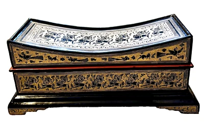 Антикварная вручную украшенная бирманская позолоченная деревянная лакированная наволочка - Изображение 1 из 4