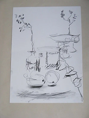 still life drawing, expressive charcoal,Two Lemons, Twigs, & Physalis, A3 size - Image 1 of 4