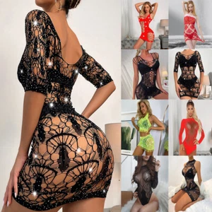 Set lingerie sexy donna abito in pizzo biancheria intima babydoll abbigliamento da notte rete da pesca calza - Foto 1 di 198