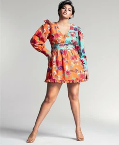 Misa Hylton for INC Colorfull Ruffle Deep VNeck Long Sleeve Mini Dress sz M - Picture 1 of 16
