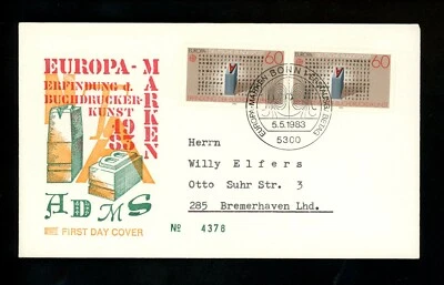 Postal History Germany FDC #1392-1393 SET OF 2 Europa Guttenburg radio 1983 - Image 1 of 4