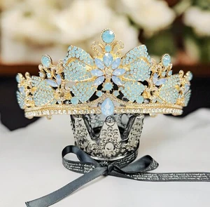 Crystal crown tiara, Vintage Gold Crown, Blue bow tiara, Bridal crystal tiara - Picture 1 of 10