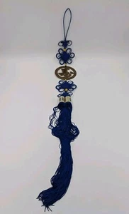 VTG Chinese Lucky Fu Knots Blue/Brass Circle Wall Hanging Decor Silk Tassels - Picture 1 of 10