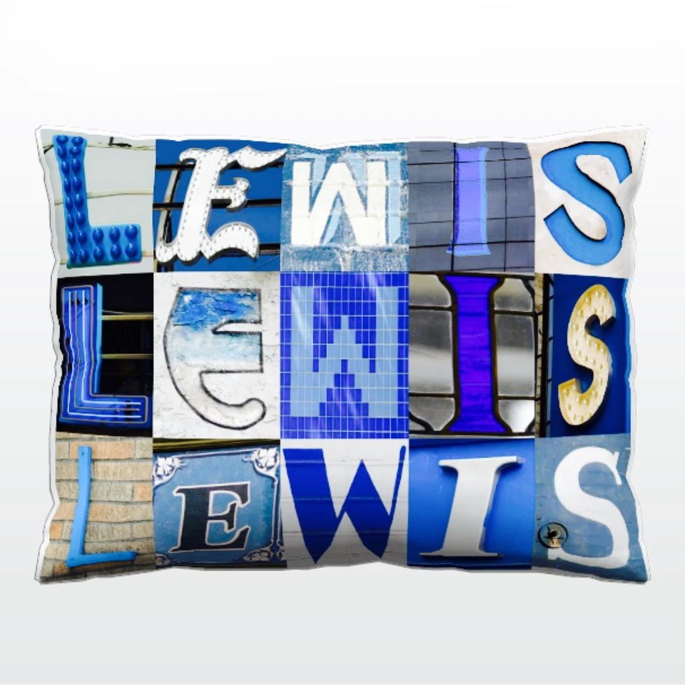 Personalized Pillow featuring the name LEWIS in photos of BLUE sign letters - Image 1 of 1