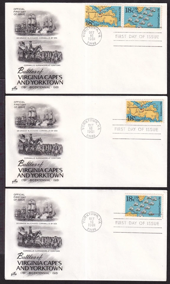 1981 Siege of Yorktown VA in 1781 Sc 1937 1938 1938a set of 3 ArtCraft cachets - Image 1 of 1