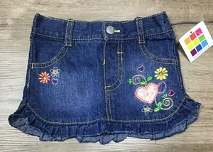 Girls’ Pull-On Medium Wash Denim Skirt Blue Floral Heart Embroidered 18 Months - Picture 1 of 9