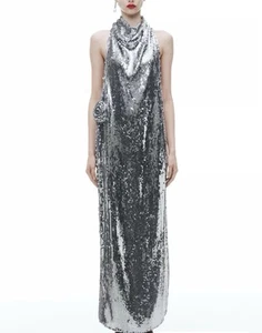 Magda Butrym X H&M - Maxikleid grau Pailletten Rosenapplikation - Large - Neu mit Etikett - AUSVERKAUFT - Bild 1 von 22
