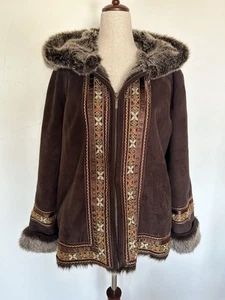 Coldwater Creek Brown Embroidered Hooded Jacket Faux Fur Lined Size 1X - Picture 1 of 10