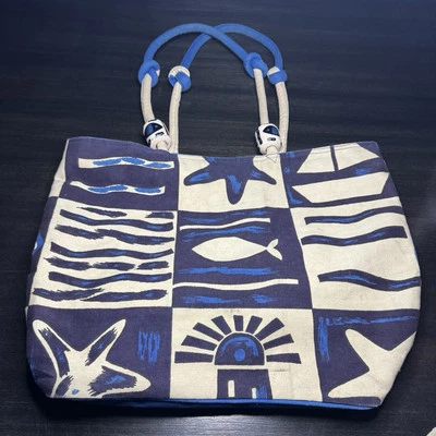 "Bolso de playa Sun 'n' Sand grande de lona azul y blanco - 17""x15""" Foto 1 de 4