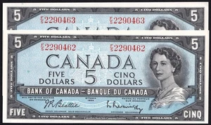 2x Consecutive Canada 1954 $5 Five Dollar Banknotes Beattie - Rasminsky #462 - Picture 1 of 2