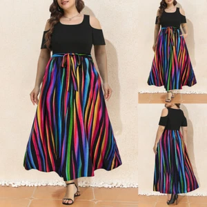 Plus Size Womens Cold Shoulder Maxi Long Dress Rainbow Striped Party Dresses - Picture 1 of 9