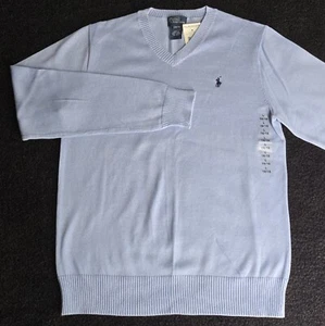 Polo by Ralph Lauren Cotton Sweater V-Neck Kids Boys L(16/18) Light Blue Vintage - Picture 1 of 5