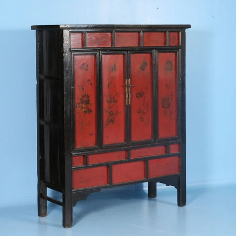 Antique 19th Century Chinese Red Lacquered Cabinet With Flowers Cover
