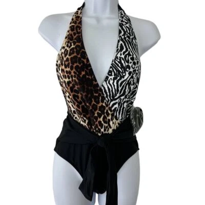 NINE WEST Women's S Tie Front Animal Print 1-Pc Swimsuit Zebra Leopard - Image 1 of 4