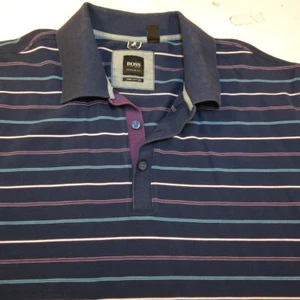 HUGO BOSS Pima Cotton POLO SHIRT Mens XL Blue w/ colorful stripes Regular Fit - Picture 1 of 3