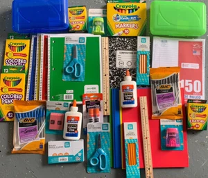 SCHOOL SUPPLIES BUNDLE CRAYONS MARKERS PENS PENCILS NOTEBOOKS GLUE SCISSORS  - Picture 1 of 4