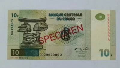 1997 CONGO DEMOCRATIC REPUBLIC 10 FRANCS "SPECIMEN" GEM UNC [P-87s]  - Image 1 of 4