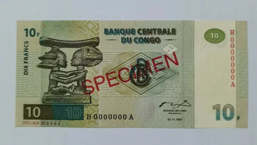 1997 CONGO DEMOCRATIC REPUBLIC 10 FRANCS "SPECIMEN" GEM UNC [P-87s]  - Image 1 of 4