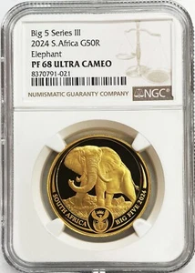 2024 SOUTH AFRICA 650 MINTED 1 OZ ELEPHANT 50 RAND BIG 5 COIN NGC PROOF 68 UC - Picture 1 of 2