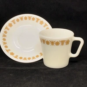 Vintage Pyrex 1410 Gold Butterflies Flowers Coffee Cup AND Saucer - Picture 1 of 11