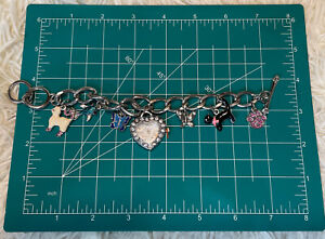 CHARM BRACELET HEAVY LINK 6 CHARMS 8” Long With WATCH CATS FISH BUTTERFLY BLINGY