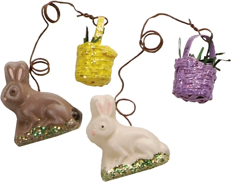 Primitive Mini Easter White/Chocolate Bitsy Bunny Rabbit & Basket Ornament~Set 6 - Image 1 of 1