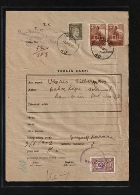TURKEY, PARCEL DOC., ISTANBUL 1952 WITH POSTAGE STAMPS AS WELL AS ONE REVENUE - Image 1 of 4