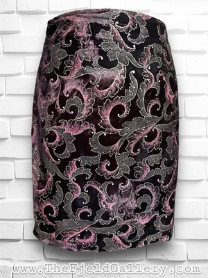 Vintage 1990’s Maroon Velvet & Metallic Gold & Magenta Paisley Mini Pencil Skirt - Image 1 of 4