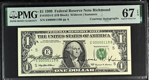 1999 $1 Federal Reserve Note PMG 67 EPQ - Dual Autographs - LOW SERIAL # - Picture 1 of 2