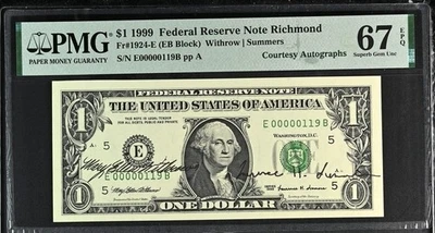 1999 $1 Federal Reserve Note PMG 67 EPQ - Dual Autographs - LOW SERIAL # - Image 1 of 2