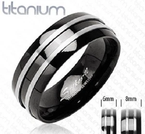 Solid Titanium Black Onyx with Two Silver Stripes Wedding Band Ring - Picture 1 of 1