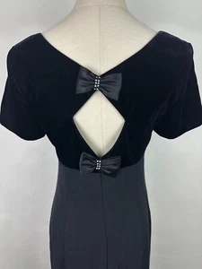 Vintage 90s Party Dress XS Black Velvet Empire Waist Rhinestone Bows Coquette - Picture 1 of 16