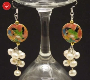 6-7mm Round Natural White Pearl Earring for Women 18mm Blue Cloisonne Dangle - Picture 1 of 10