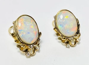 GG Certified 14K Yellow Gold 16mm Cabochon Opal 0.22ctw Diamond Earrings 10.7g - Picture 1 of 10