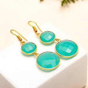 Aqua Chalcedony Gemstone Dangle Earring 925 Sterling Silver Handmade Jewelry - Picture 1 of 5
