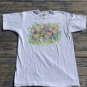 Vintage 90s Easter Bunny T shirt Large Eggs Flowers Single Stitch Tee Medium - Picture 1 of 9