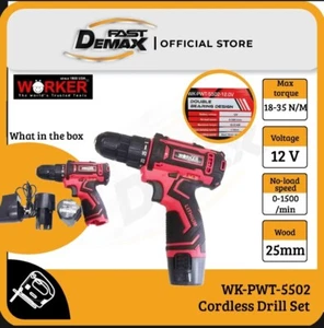 "WORKER"12V CORDLESS DRILL SET-RED (WK-PWT-5502) With 2 Batteries Electric Drill - Picture 1 of 11