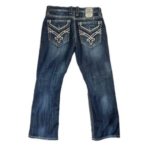 Rock Revival Julian Mens Jeans Straight Distressed Size 36 x 32 Buckle Blue