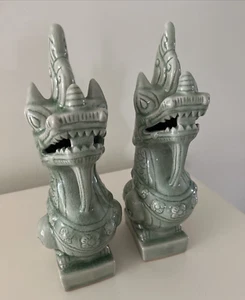 THAI CELADON DRAGONS JADE GREEN pair of Vintage Statues Siamese Art 12 Inches - Picture 1 of 14