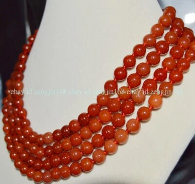 Stunning 4 Rows 8mm Natural Red Chalcedony Agate Round Beads Necklace 17-20'' — 第 1/4 张图片