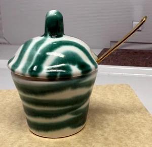 Gmundner Keramik Austria Green Dizzy Stripe Mustard Jelly Jar Oxford Hall Spoon - Picture 1 of 14