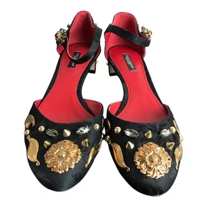 Dolce & Gabbana Ankle Strap Shoe Women US10 EU40 Black Embellished Gold Studded - Picture 1 of 10