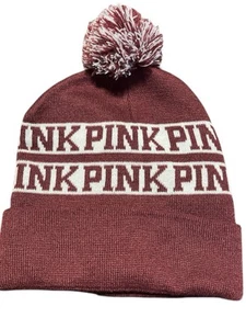PINK Victoria's Secret Pom Pom Hat Knit Cap Maroon White NWOT - Picture 1 of 2