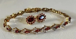 STERLING SILVER 925 GOLD OVERLAY GARNET CZ DIAMONIQUE EARRINGS & TENNIS BRACELET - Picture 1 of 8