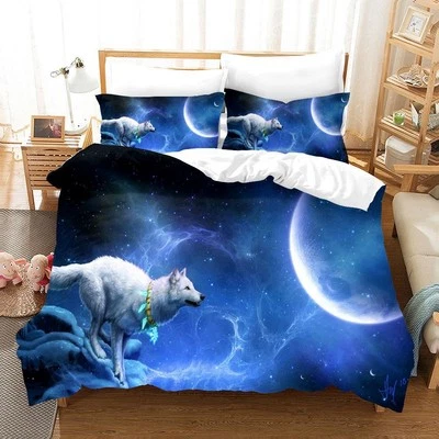 Juego de funda nórdica impresa en lobo 3D ropa de cama edredón con funda de almohada tamaño queen azul Y1 Foto 1 de 2