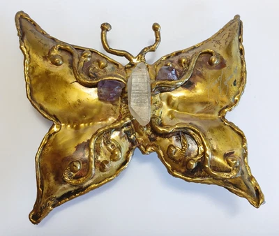 ENORME FIVELA DE CINTO VINTAGE BRUTALISTA FANTASIA NANCY LATÃO AMETISTA QUARTZO BORBOLETA - Imagem 1 de 3