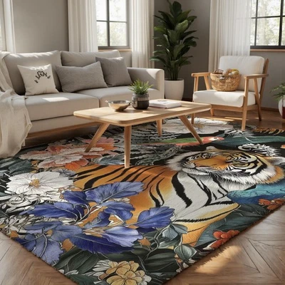 Alfombra de área de 8x10 pies - Alfombra de patrón tropical de tigre y floral con flor vibrante... Foto 1 de 4