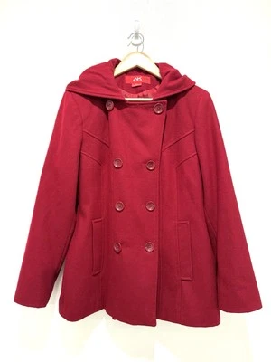 Chaqueta Abrigo Anne Klein Rojo Lana Cuello Muescado Con Capucha Doble Pecho Guisante Talla L Foto 1 de 4