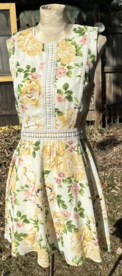 Disney Princess Floral Yellow White Pink Crochet Fit and Flare Dress Size Medium - Image 1 of 4