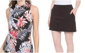 TOMMY BAHAMA Golf M Tropical Print Quarter Zip Tank Top & Black Skort NWT - Picture 1 of 5